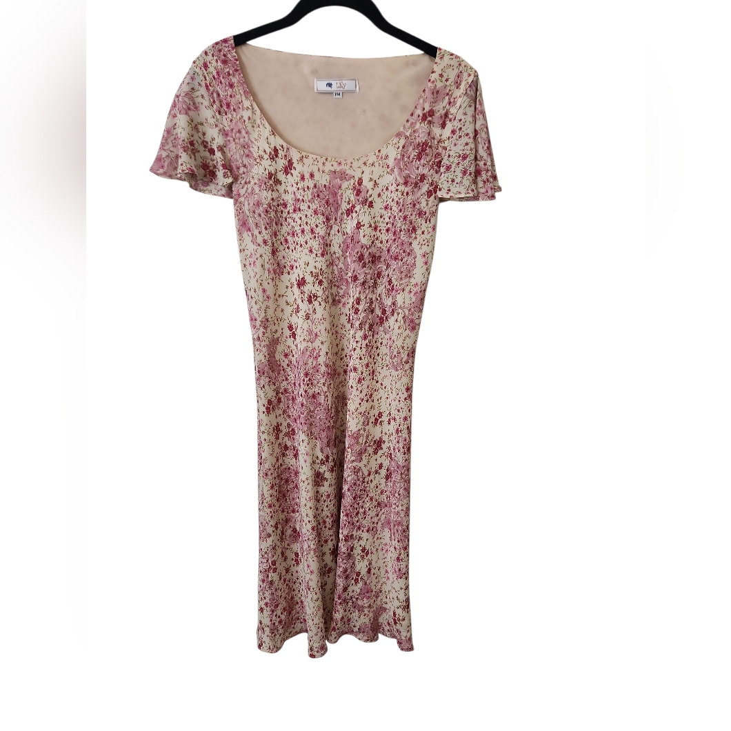 Lily Women's Pink And Cream Feminine Floral Flutter Sleeve Dress Size Pm